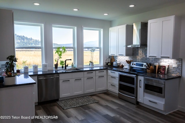 kitchen featuring white cabinets, wall chimney exhaust hood, and appliances with stainless steel finishes