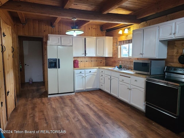 kitchen featuring white refrigerator with ice dispenser, beam ceiling, black electric range, wood ceiling, and dark hardwood / wood-style flooring