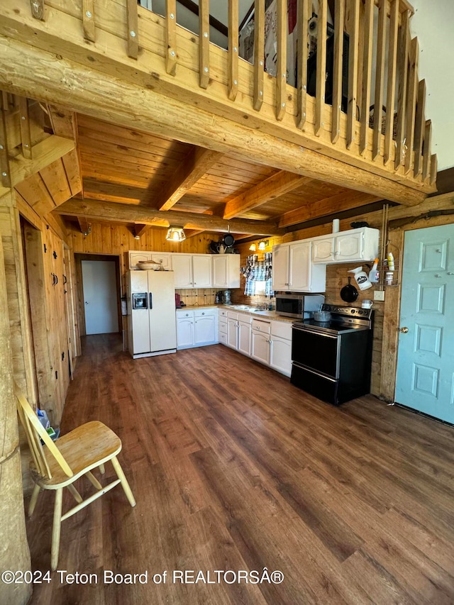 kitchen featuring electric stove, beamed ceiling, white fridge with ice dispenser, dark hardwood / wood-style flooring, and white cabinets