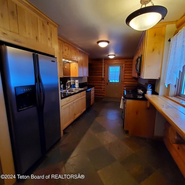 kitchen with dishwasher, light brown cabinets, stainless steel fridge with ice dispenser, and log walls