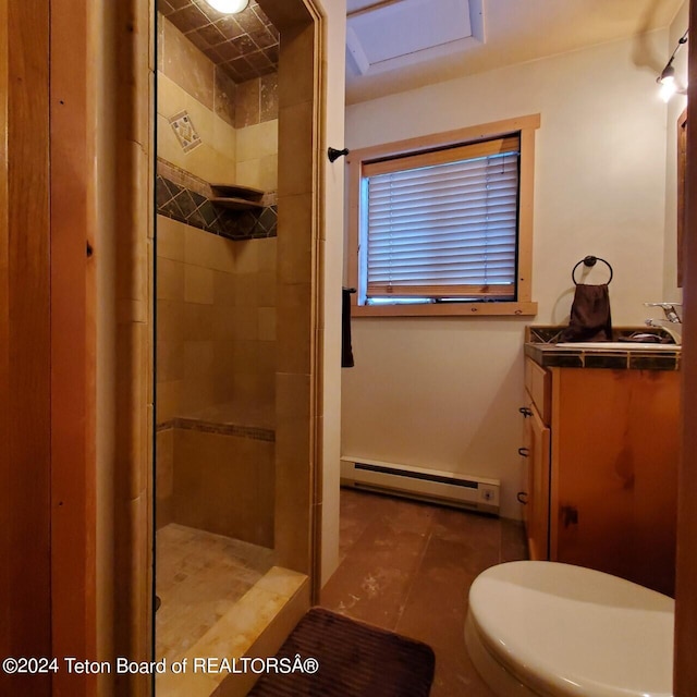 bathroom with toilet, a tile shower, tile patterned floors, and baseboard heating