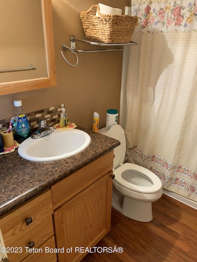 955 Budge Dr Unit 4, Jackson, WY 83001 - full bathroom featuring wood finished floors, vanity, toilet, and decorative backsplash