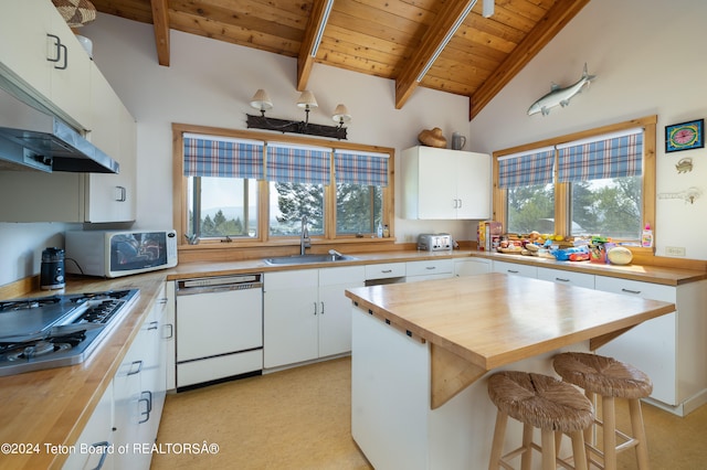 kitchen featuring sink, wooden ceiling, wooden counters, white appliances, and white cabinets