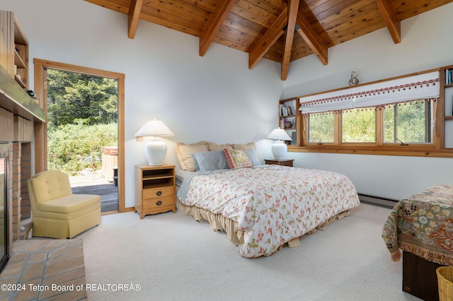 carpeted bedroom with access to exterior, a baseboard heating unit, lofted ceiling with beams, and wooden ceiling