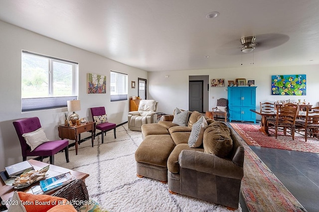 living room featuring ceiling fan