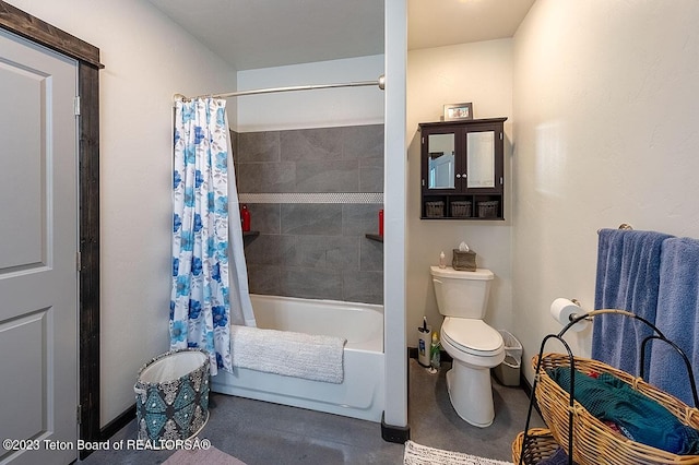 bathroom with shower / bathtub combination with curtain and toilet