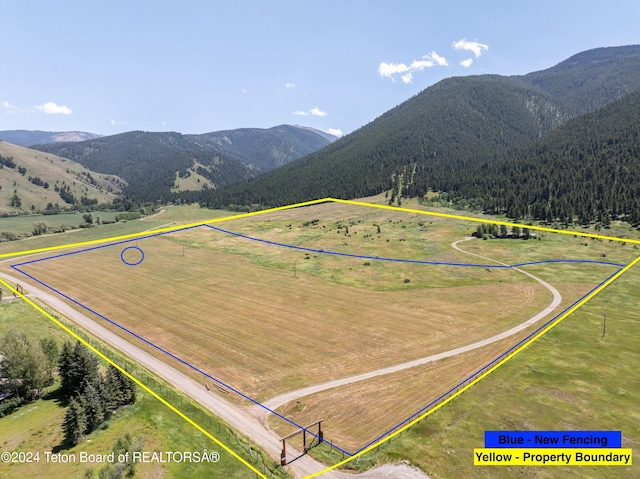 drone / aerial view featuring a mountain view and a rural view