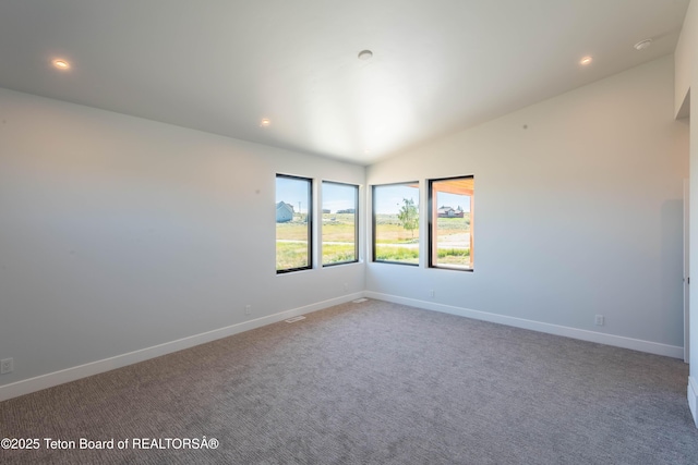 empty room with lofted ceiling and carpet flooring