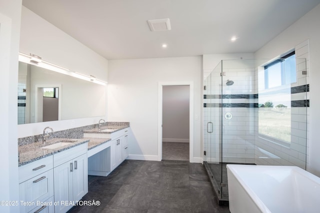 bathroom featuring vanity and plus walk in shower