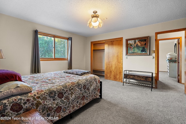 bedroom with light carpet, a textured ceiling, and a closet