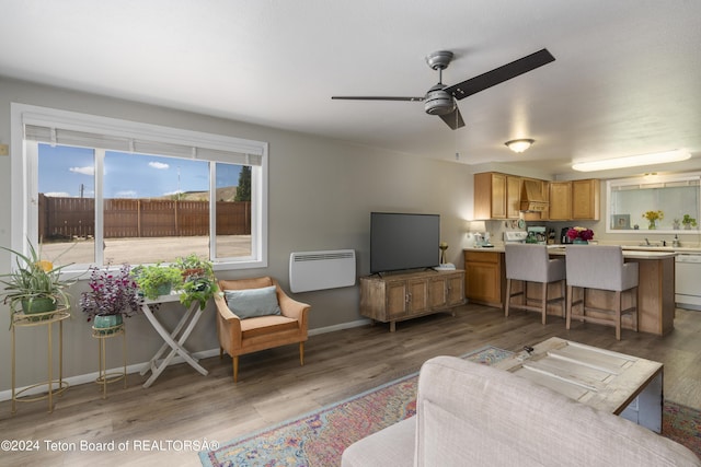 living room featuring ceiling fan, sink, and dark wood-type flooring