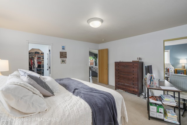 bedroom featuring a spacious closet, a closet, and light colored carpet