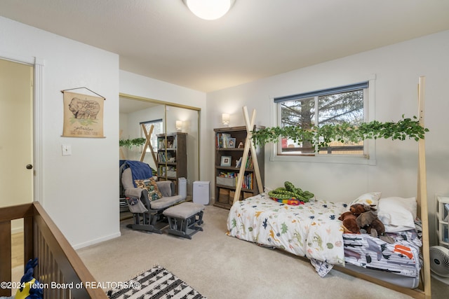 bedroom featuring carpet and a closet