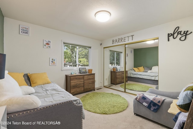 carpeted bedroom featuring a closet