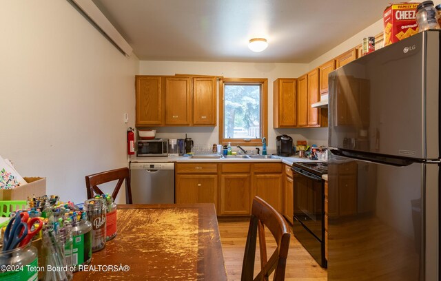 kitchen with stainless steel appliances, light hardwood / wood-style floors, and sink