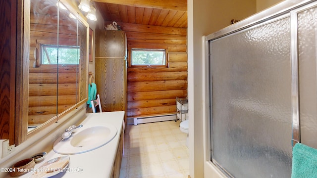 1404 Warm Springs Dr, Dubois, WY 82513 - bathroom with rustic walls, baseboard heating, tile patterned floors, wood ceiling, and vanity