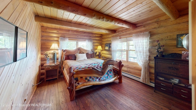 1404 Warm Springs Dr, Dubois, WY 82513 - bedroom with baseboard heating, wood-type flooring, wooden ceiling with exposed beams, and rustic walls