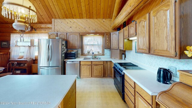 1404 Warm Springs Dr, Dubois, WY 82513 - kitchen featuring appliances with stainless steel finishes, a sink, light floors, light countertops, and wood ceiling