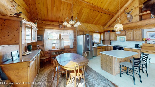 1404 Warm Springs Dr, Dubois, WY 82513 - kitchen featuring appliances with stainless steel finishes, wooden ceiling, a chandelier, light countertops, and a center island