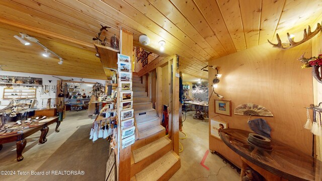 1404 Warm Springs Dr, Dubois, WY 82513 - stairway featuring rail lighting, wood ceiling, and a workshop area