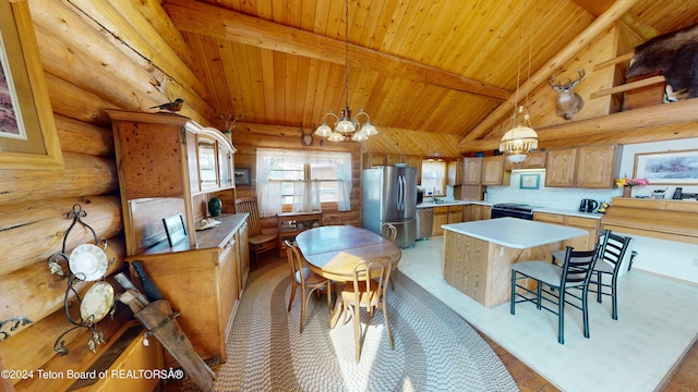 1404 Warm Springs Dr, Dubois, WY 82513 - kitchen with appliances with stainless steel finishes, a chandelier, wooden ceiling, light countertops, and log walls