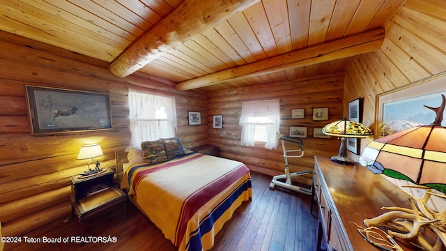 1404 Warm Springs Dr, Dubois, WY 82513 - bedroom with multiple windows, dark wood-style floors, wood ceiling with exposed beams, and log walls
