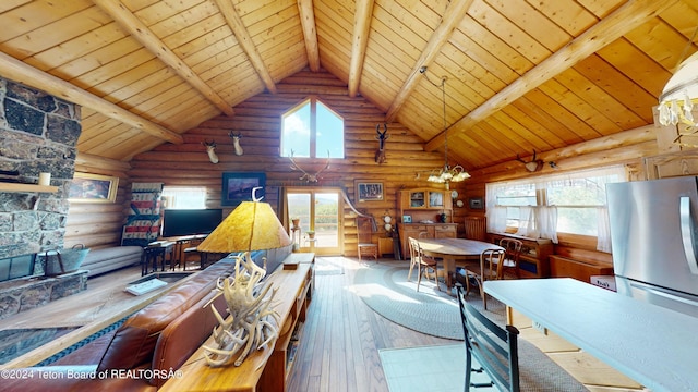 1404 Warm Springs Dr, Dubois, WY 82513 - living area with wood ceiling with exposed beams, rustic walls, wood-type flooring, healthy amount of natural light, and a chandelier