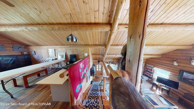1404 Warm Springs Dr, Dubois, WY 82513 - rec room with wood ceiling, log walls, and wood finished floors
