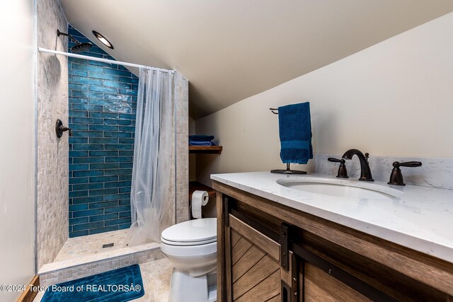 bathroom featuring vanity, lofted ceiling, curtained shower, and toilet