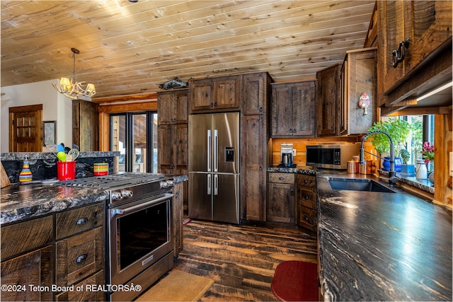 kitchen with sink, vaulted ceiling, dark brown cabinets, wooden ceiling, and stainless steel appliances