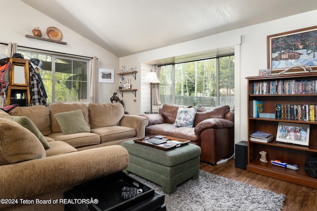 living room with plenty of natural light, dark wood-type flooring, and vaulted ceiling