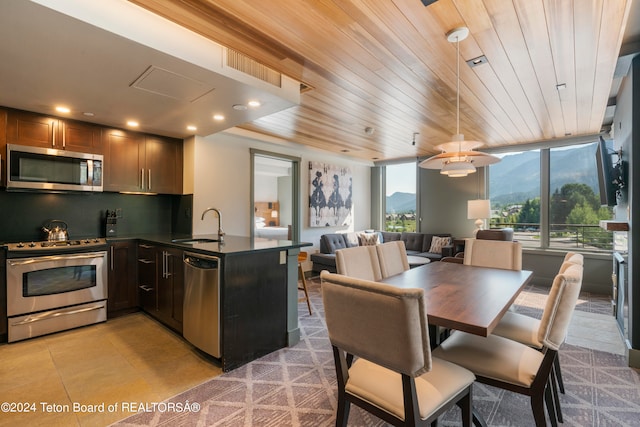 kitchen with a mountain view, wood ceiling, hanging light fixtures, and stainless steel appliances