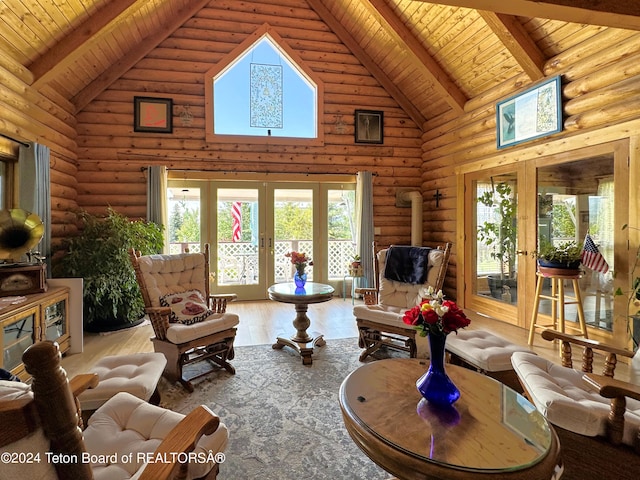 living room with wooden ceiling, french doors, hardwood / wood-style floors, and high vaulted ceiling