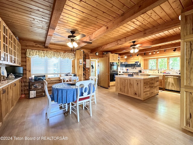 kitchen featuring light hardwood / wood-style flooring, wood ceiling, and stainless steel dishwasher