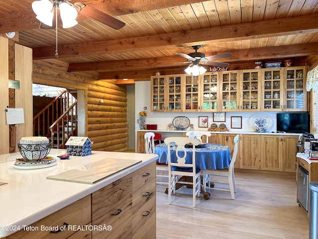 kitchen with log walls, beamed ceiling, wood ceiling, light wood-type flooring, and ceiling fan