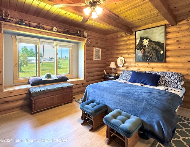 bedroom featuring light hardwood / wood-style floors, beam ceiling, rustic walls, and wood ceiling