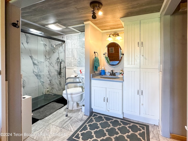 bathroom with vanity, a shower with shower door, wooden ceiling, toilet, and tile patterned flooring