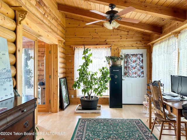 office space with lofted ceiling with beams, ceiling fan, light wood-type flooring, and wood ceiling