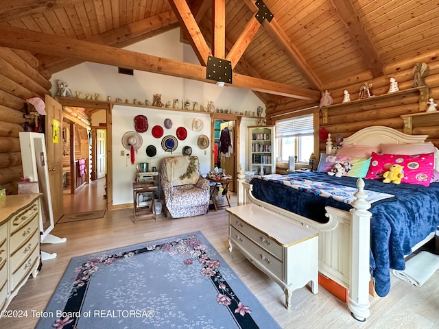 unfurnished bedroom featuring beamed ceiling, wood ceiling, wood-type flooring, and log walls