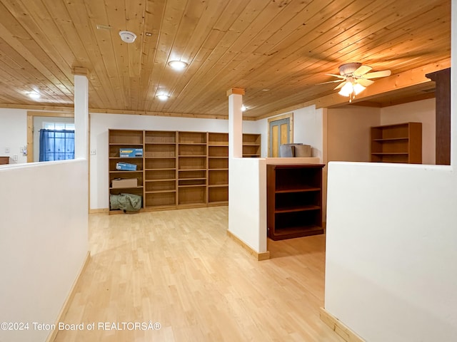 interior space featuring light hardwood / wood-style flooring and wood ceiling