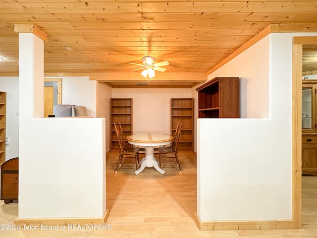 dining area with light wood-type flooring, ceiling fan, and wooden ceiling