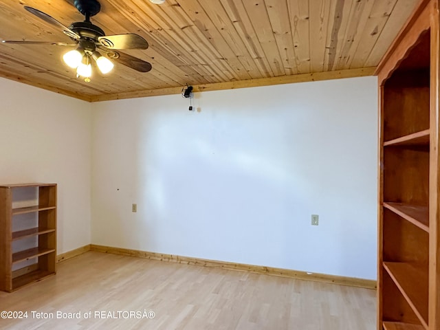 empty room featuring wood ceiling, light wood-type flooring, and ceiling fan