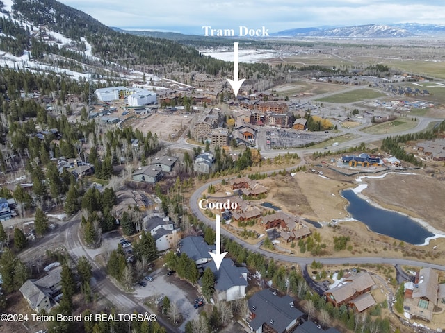 bird's eye view with a water and mountain view