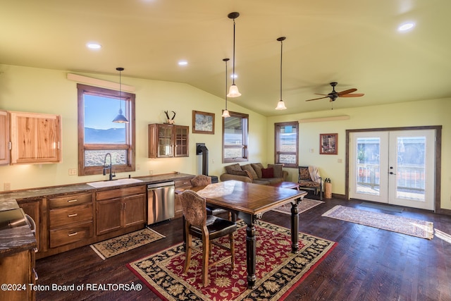 78 E Fork Big Sandy, Boulder, WY 82923 - interior space featuring lofted ceiling, a sink, ceiling fan, dark wood-style floors, and french doors