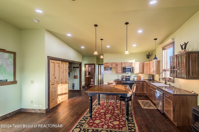 78 E Fork Big Sandy, Boulder, WY 82923 - kitchen with recessed lighting, a sink, dark countertops, appliances with stainless steel finishes, and dark wood finished floors
