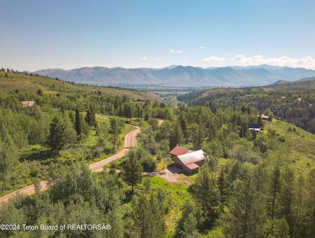 drone / aerial view featuring a mountain view and a forest view