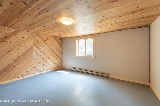 spare room with baseboards, wooden ceiling, finished concrete floors, baseboard heating, and wood walls