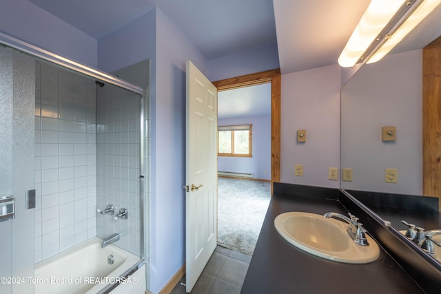 bathroom with baseboards, a baseboard radiator, tile patterned flooring, vanity, and shower / bathing tub combination