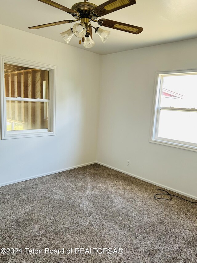 carpeted empty room featuring plenty of natural light and ceiling fan