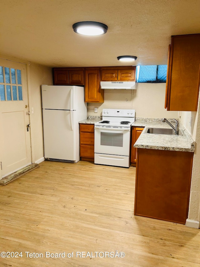 kitchen featuring light hardwood / wood-style flooring, white appliances, and sink